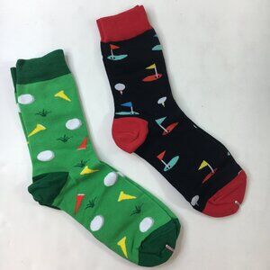 Mens Crew Socks Set 2 Golf Balls Tees Flags Grass Print Green Black Red White